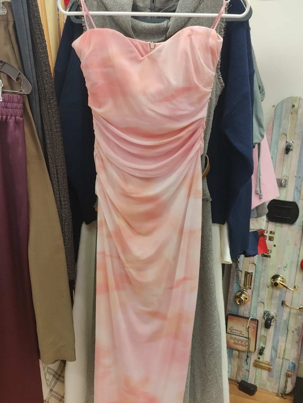 Zara Pink Watercolor Ruched Strapless Midi Dress